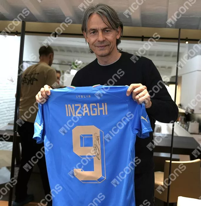 Icons Filippo Inzaghi Official FIFA World Cup™ Back Signed And Framed Italy 2022-23 Home Shirt With Fan Style Number