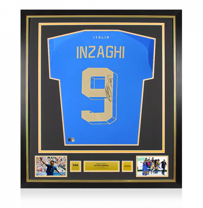 icons Filippo Inzaghi Official FIFA World Cup™ Back Signed and Framed Italy 2022-23 Home Shirt with Fan Style Number