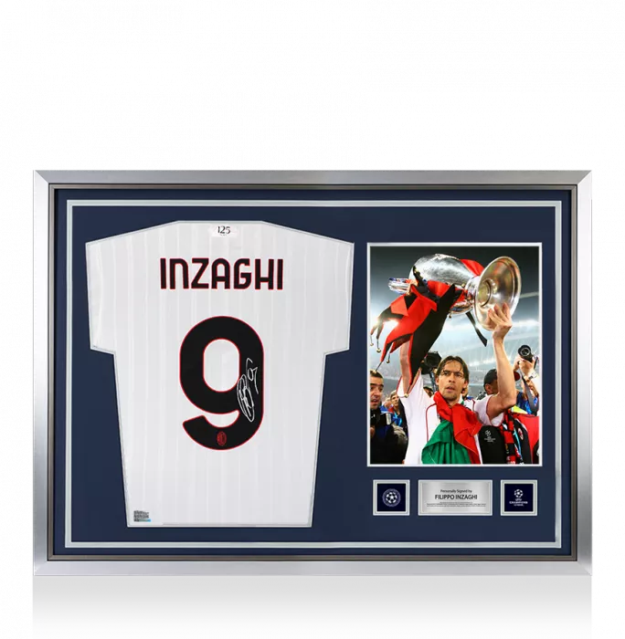 icons Filippo Inzaghi Official UEFA Champions League Back Signed and Hero Framed AC Milan 2024-25 Away Shirt