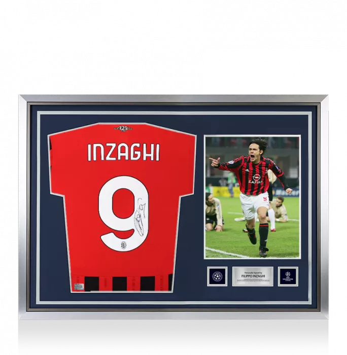 icons Filippo Inzaghi Official UEFA Champions League Back Signed and Hero Framed AC Milan 2024-25 Home Shirt