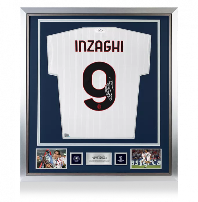 icons Filippo Inzaghi Official UEFA Champions League Back Signed and Framed AC Milan 2024-25 Away Shirt
