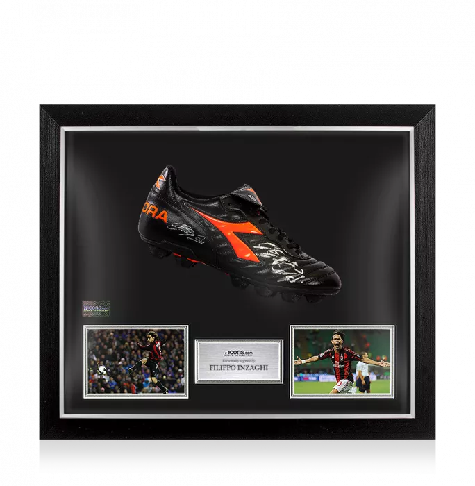 icons Filippo Inzaghi Signed Black and Orange Inzaghi Diadora Boot In Bubble Frame: Option 1