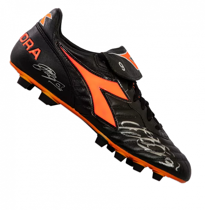 Icons Filippo Inzaghi Signed Black And Orange Inzaghi Diadora Boot In Acrylic Case: Special Edition