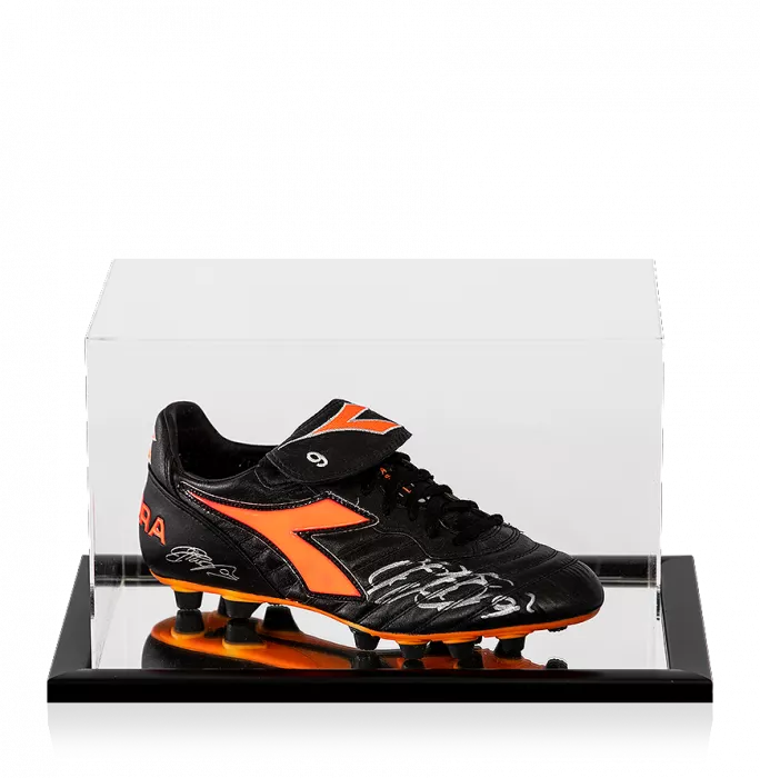 icons Filippo Inzaghi Signed Black and Orange Inzaghi Diadora Boot In Acrylic Case: Special Edition