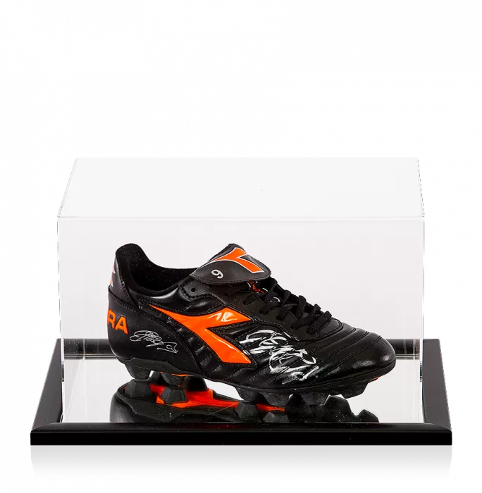 icons Filippo Inzaghi Signed Black and Orange Inzaghi Diadora Boot In Acrylic Case