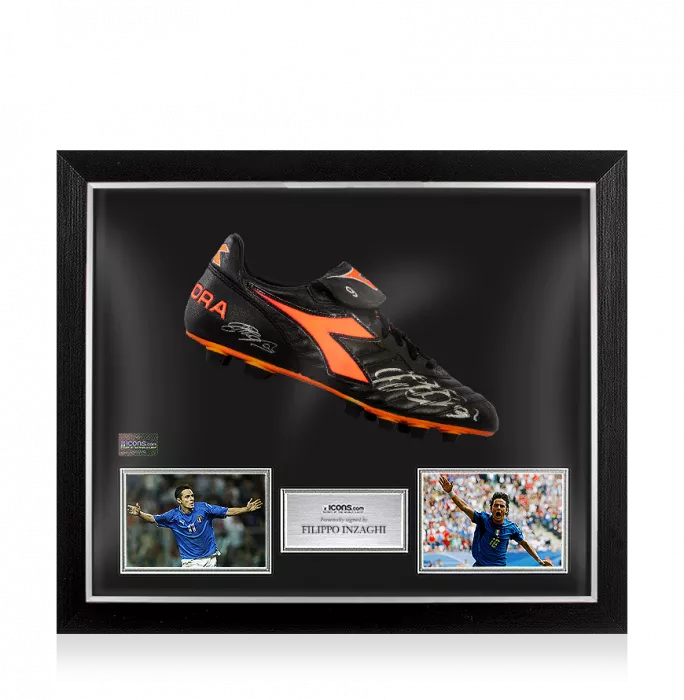 icons Filippo Inzaghi Signed Black and Orange Inzaghi Diadora Boot: Special Edition In Bubble Frame: Option 1