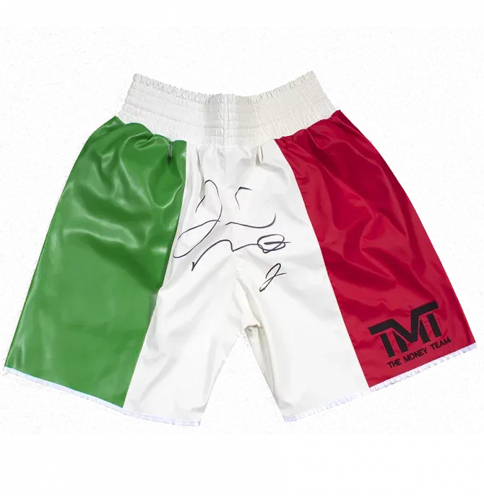 Icons Floyd Mayweather Signed Green White And Red TMT Boxing Shorts