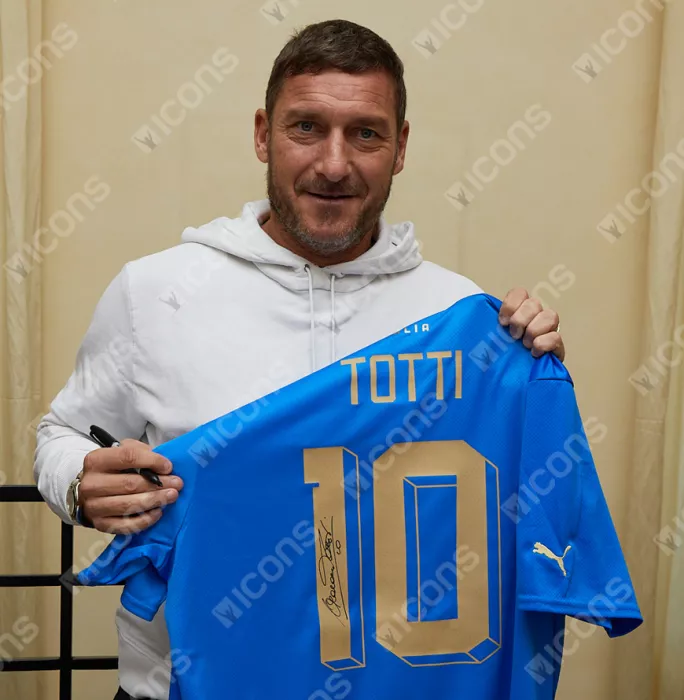 Icons Francesco Totti Back Signed Italy 2022-23 Home Shirt With Fan Style Numbers In Hero Frame: Option 1