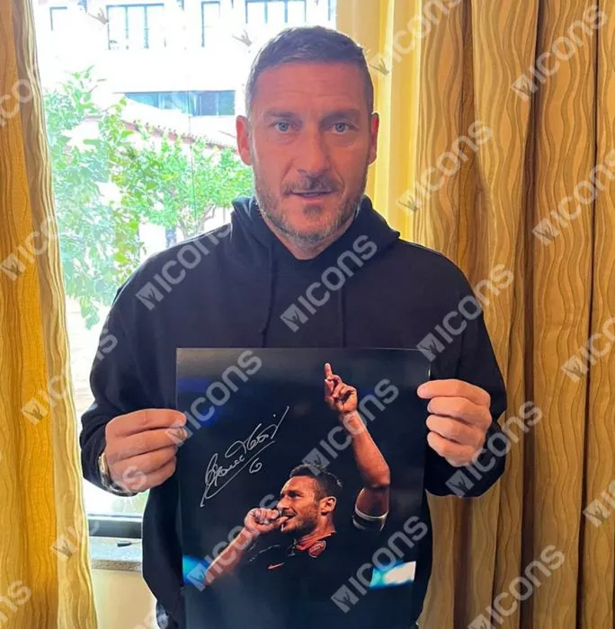 Icons Francesco Totti Signed AS Roma Photo In Black Wooden Frame: UEFA Champions League Goal