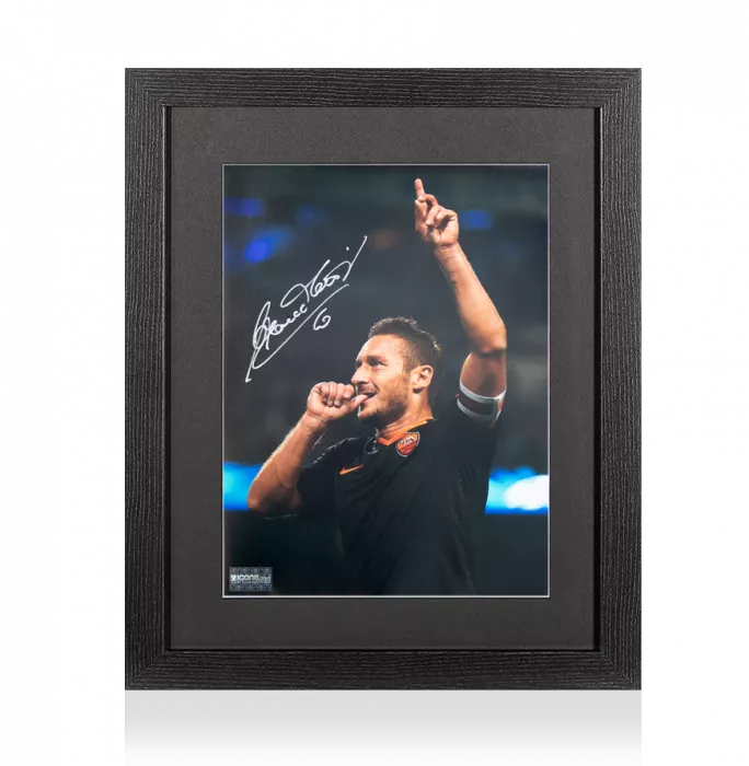 icons Francesco Totti Signed AS Roma Photo In Black Wooden Frame: UEFA Champions League Goal