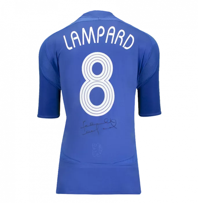 icons Frank Lampard Back Signed Chelsea 2007-08 Home Shirt with Striped Style Numbers (Signed Under Number)