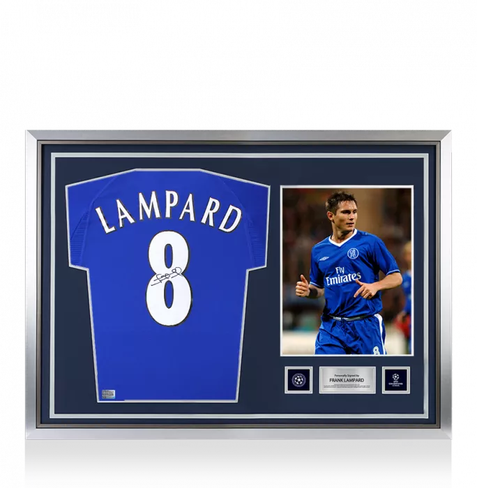 icons Frank Lampard Official UEFA Champions League Back Signed and Hero Framed Chelsea 2000 Home Shirt