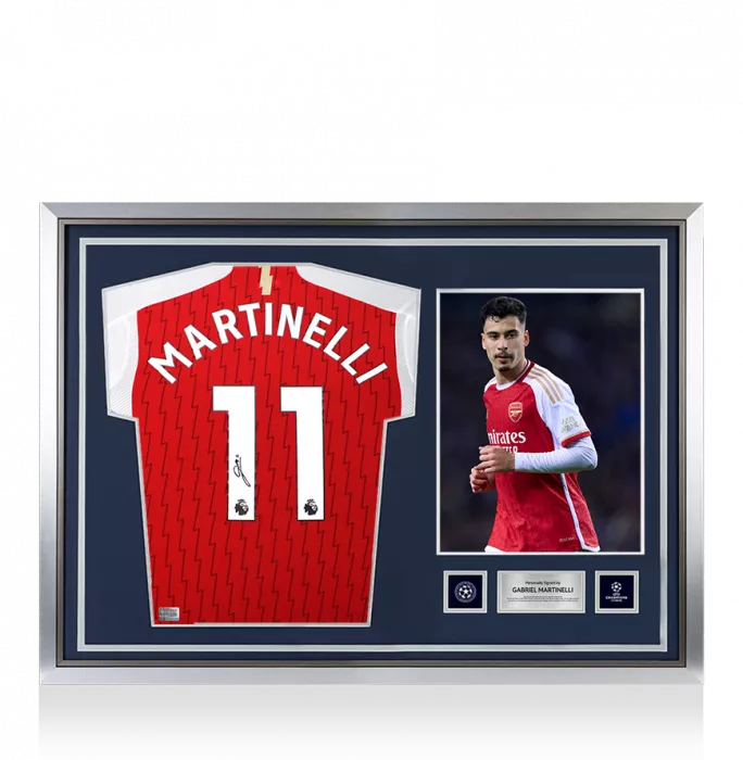 Icons Gabriel Martinelli Official UEFA Champions League Back Signed And Hero Framed Arsenal 2024-25 Home Shirt