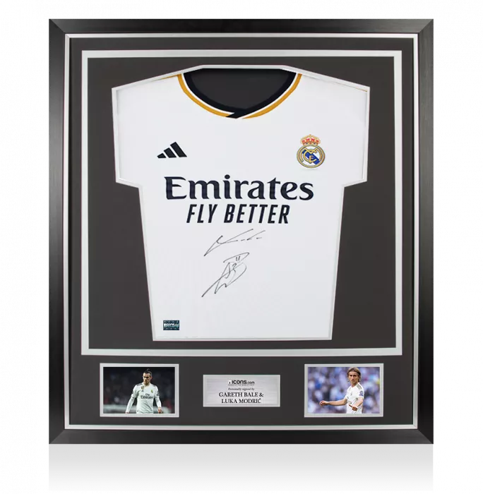 icons Gareth Bale and Luka Modric Dual Signed Real Madrid 2023-24 Home Shirt In Classic Frame