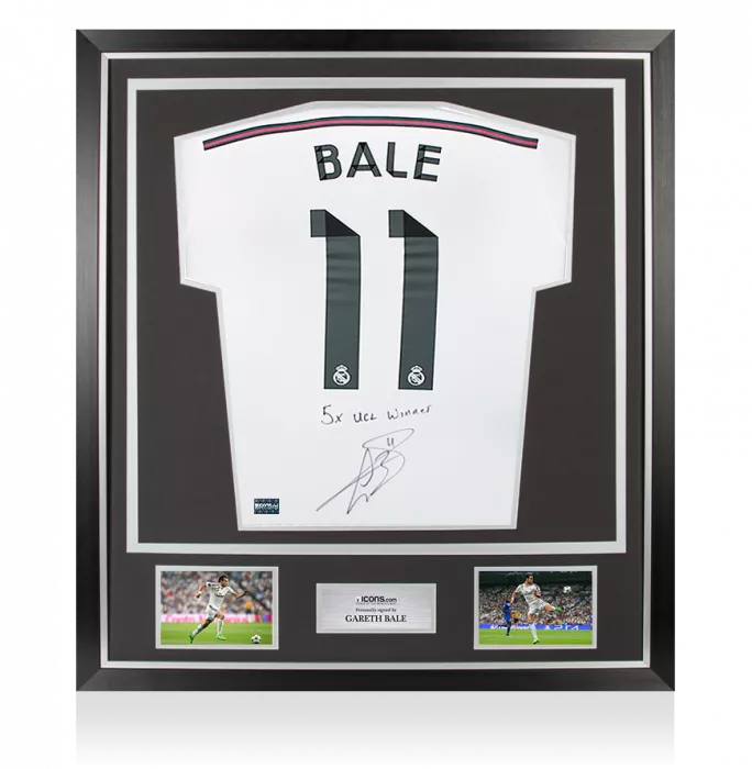 icons Gareth Bale Back Signed Real Madrid 2014-15 Home Shirt - "5x UCL Winner" Inscription In Classic Frame