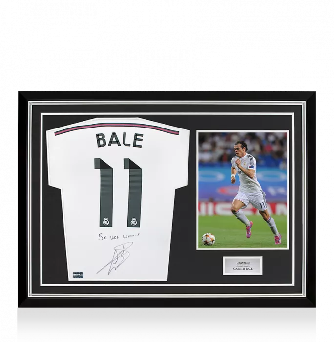 icons Gareth Bale Back Signed Real Madrid 2014-15 Home Shirt - "5x UCL Winner" Inscription In Hero Frame: Option 1