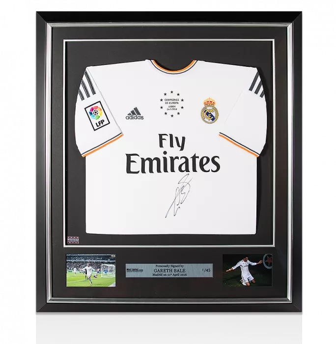 Icons Gareth Bale Front Signed And Framed 2013-14 Home Shirt: Campeones De Europa Edition