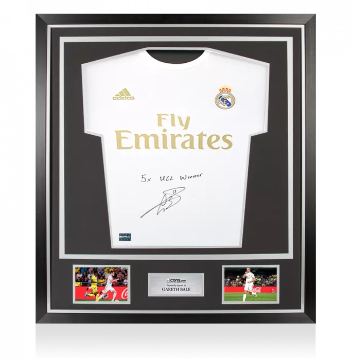 icons Gareth Bale Front Signed Real Madrid 2019-20 Home Shirt - "5x UCL Winner" Inscription In Classic Frame