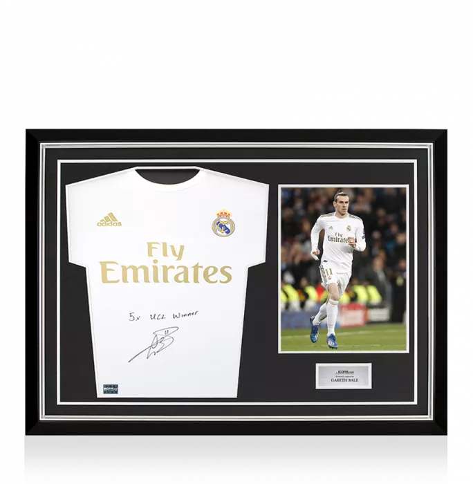 icons Gareth Bale Front Signed Real Madrid 2019-20 Home Shirt - "5x UCL Winner" Inscription In Hero Frame: Option 1