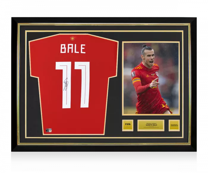 icons Gareth Bale Official FIFA World Cup™ Back Signed and Hero Framed Wales 2020-21 Home Shirt