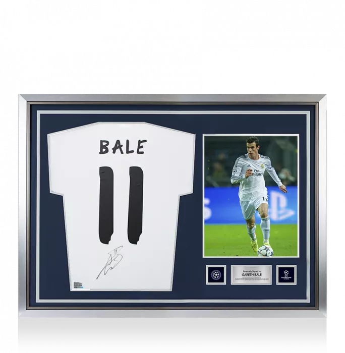 icons Gareth Bale Official UEFA Champions League Back Signed and Hero Framed Real Madrid Modern Home Shirt with Fan Style Numbers