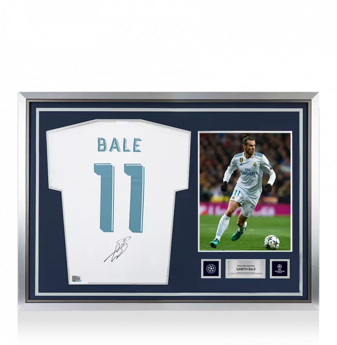 icons Gareth Bale Official UEFA Champions League Back Signed and Hero Framed Real Madrid Modern Home Shirt with Fan Style Numbers