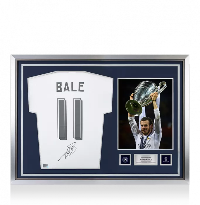 icons Gareth Bale Official UEFA Champions League Back Signed and Hero Framed Real Madrid Modern Home Shirt with Fan Style Numbers