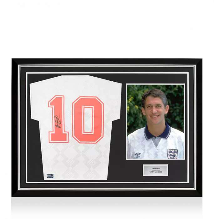 icons Gary Lineker Back Signed England 1990 Home Shirt In Hero Frame: Option 1