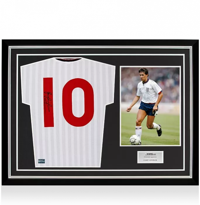 icons Gary Lineker Back Signed Retro England Home Shirt In Hero Frame: Option 1