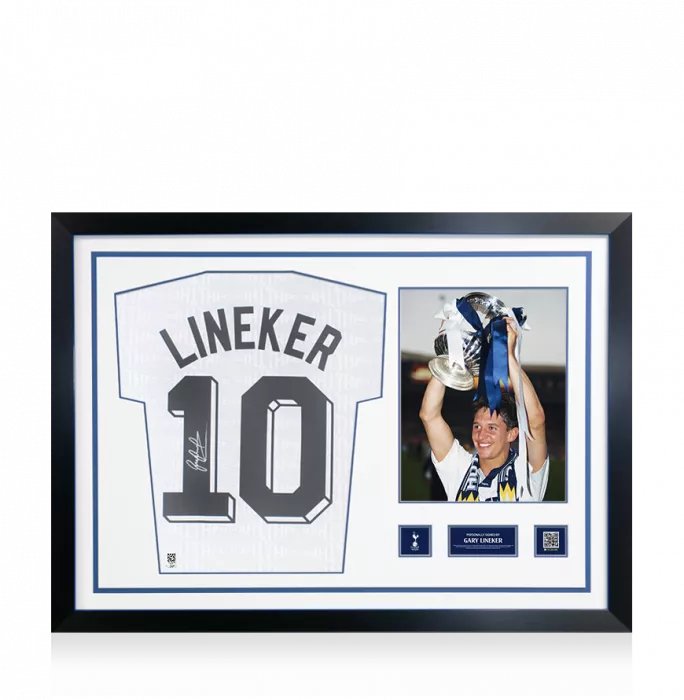 icons Gary Lineker Official Tottenham Hotspur Signed and Framed 1991 FA Cup Semi Final Home Shirt