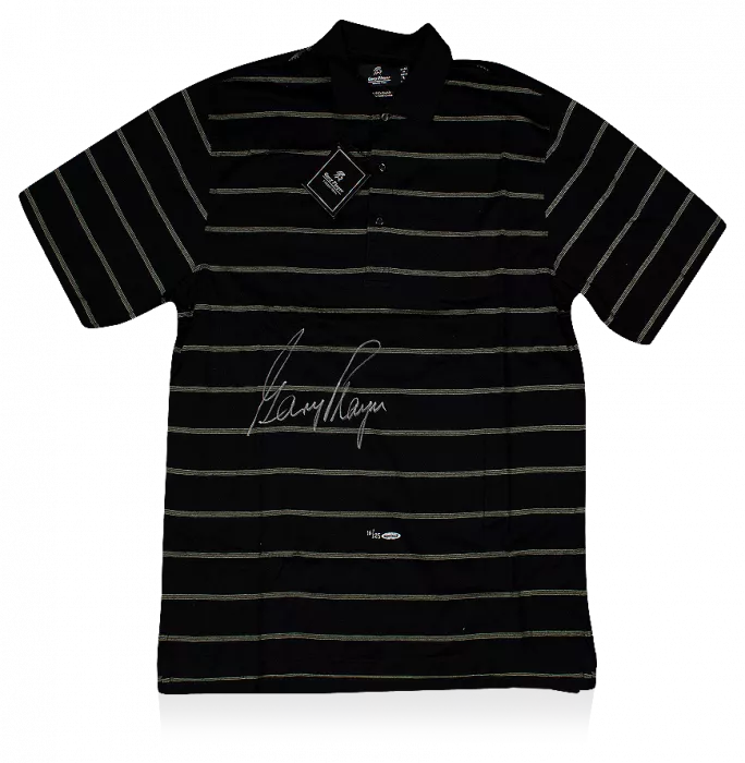 icons Gary Player Signed Black and Green Pinstripe Golf Polo Shirt