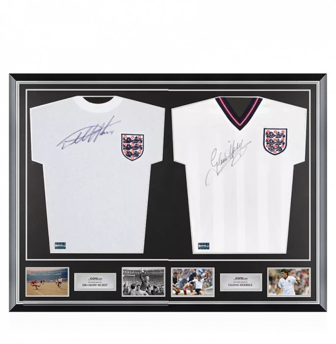 icons Geoff Hurst & Glenn Hoddle Signed England Shirts In Classic Dual Frame