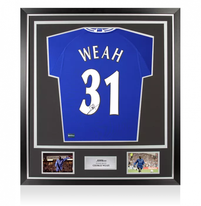icons George Weah Back Signed Chelsea 2000-01 Home Shirt with Fan Style Numbers In Classic Frame