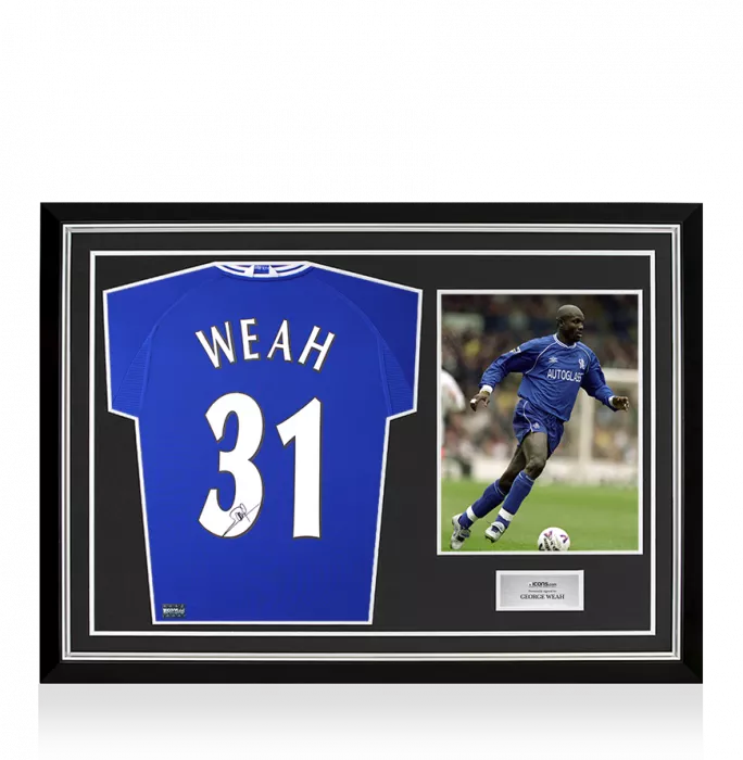 icons George Weah Back Signed Chelsea 2000-01 Home Shirt with Fan Style Numbers In Hero Frame: Option 1