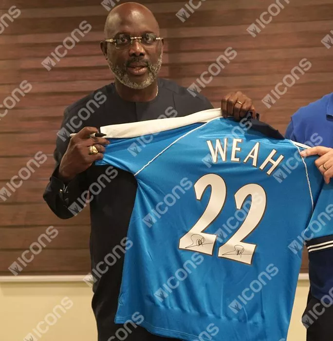Icons George Weah Back Signed Manchester City 2000 Home Shirt With Fan Style Numbers In Deluxe Packaging