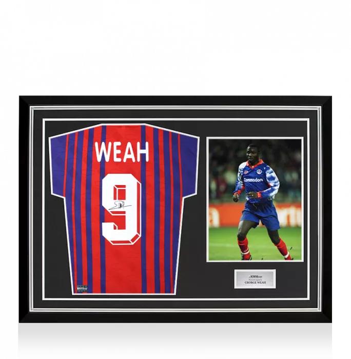 icons George Weah Back Signed Paris Saint-Germain 1993 Home Shirt In Hero Frame: Option 1