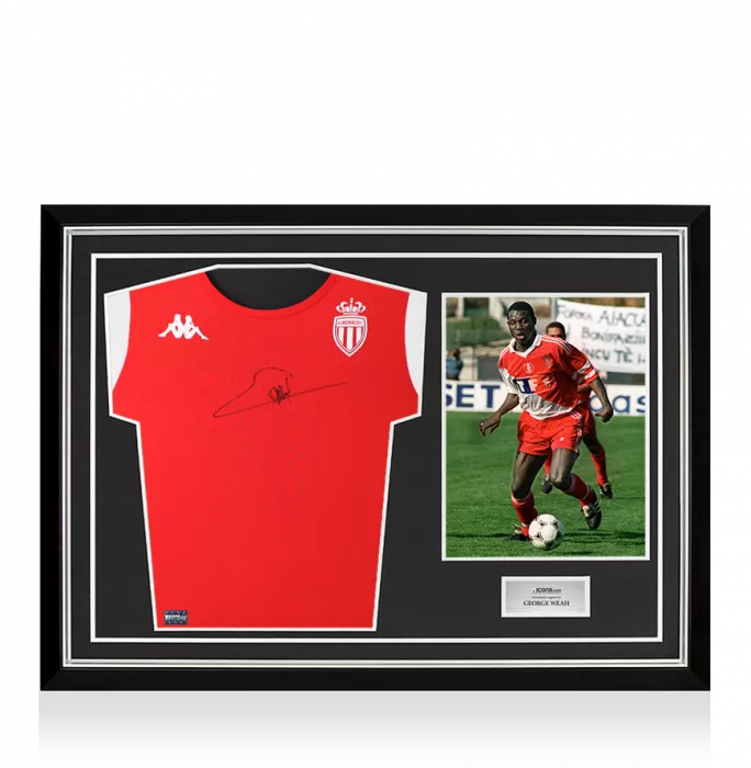 icons George Weah Front Signed AS Monaco Training Shirt In Hero Frame: Option 1