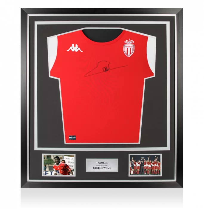icons George Weah Front Signed AS Monaco Training Shirt In Classic Frame
