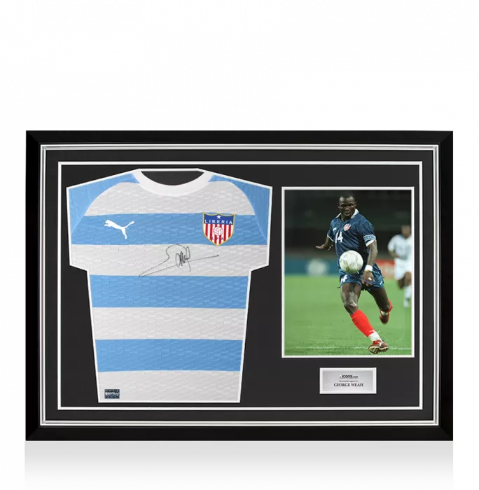 icons George Weah Front Signed Liberia 2020-22 Away Shirt In Hero Frame: Option 1