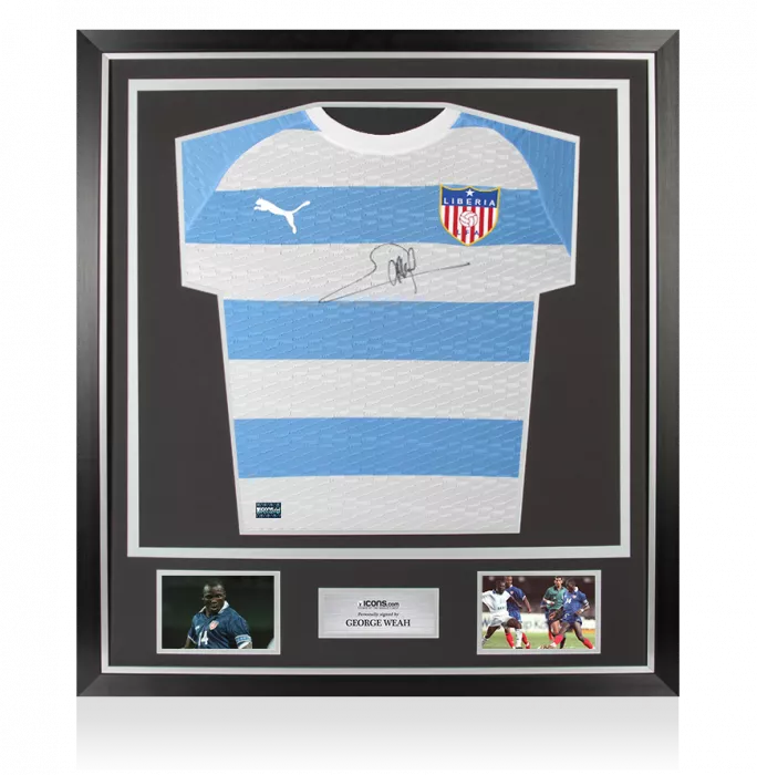 icons George Weah Front Signed Liberia 2020-22 Away Shirt In Classic Frame