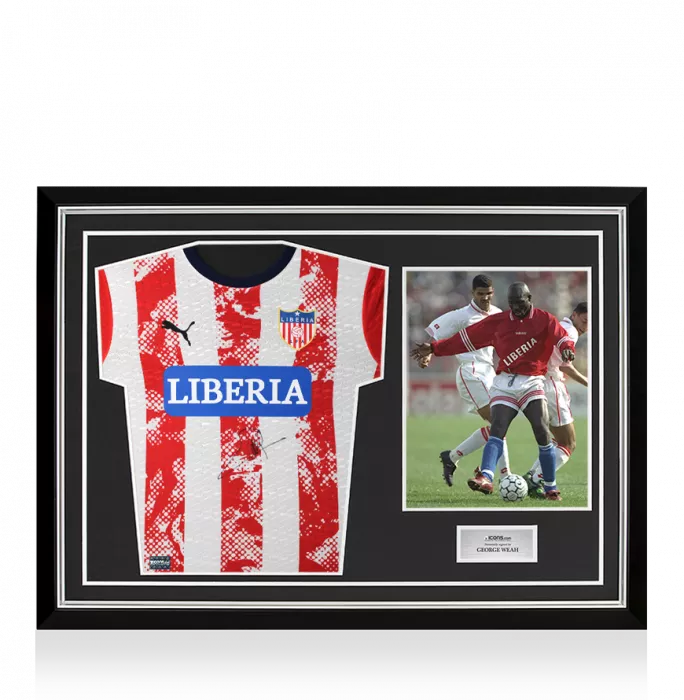 icons George Weah Front Signed Liberia Home Shirt In Hero Frame: Option 1