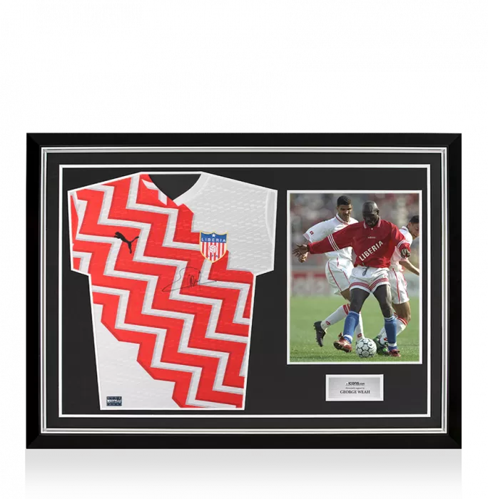 icons George Weah Front Signed Liberia Home Shirt In Hero Frame: Option 1