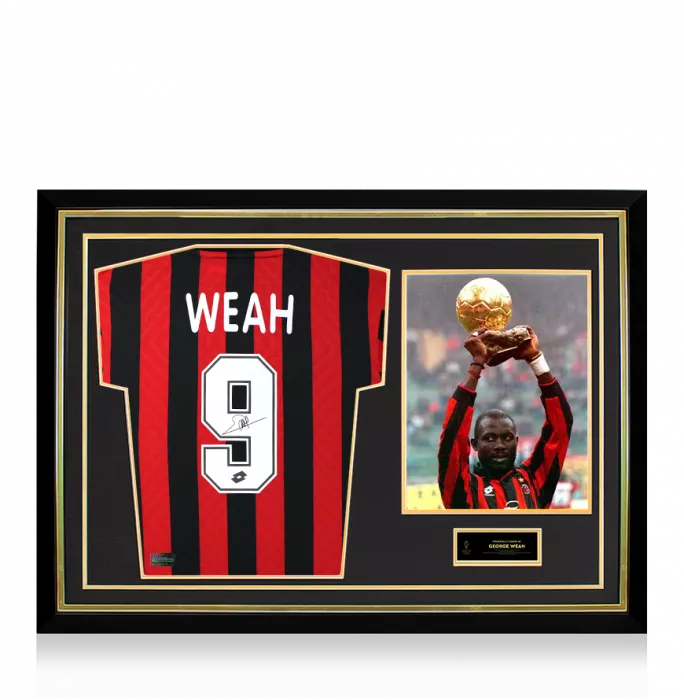 icons George Weah Official Ballon d'Or™ Back Signed and Hero Framed AC Milan 1996 Home Shirt