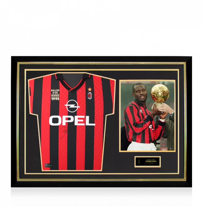 icons George Weah Official Ballon d'Or™ Front Signed and Hero Framed AC Milan 1996 Home Shirt - 1995 Winner Edition