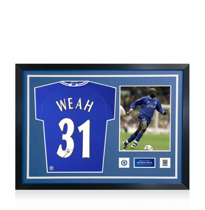 icons George Weah Official Chelsea FC Signed and Framed 2000 Home Shirt