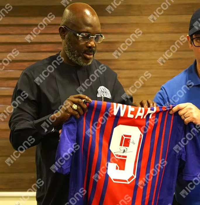 Icons George Weah Official UEFA Champions League Back Signed And Framed Paris Saint-Germain 1993 Home Shirt