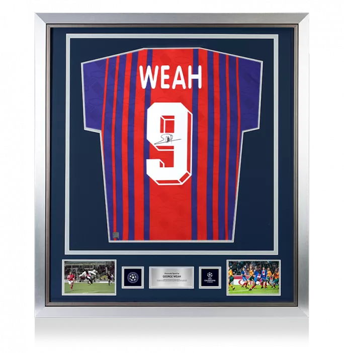 icons George Weah Official UEFA Champions League Back Signed and Framed Paris Saint-Germain 1993 Home Shirt