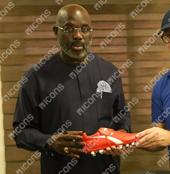 Icons George Weah Official UEFA Champions League Signed Diadora Brasil Classico Football Boot In Acrylic Case