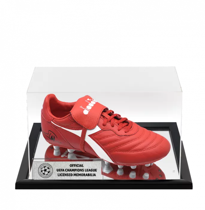 icons George Weah Official UEFA Champions League Signed Diadora Brasil Classico Football Boot In Acrylic Case