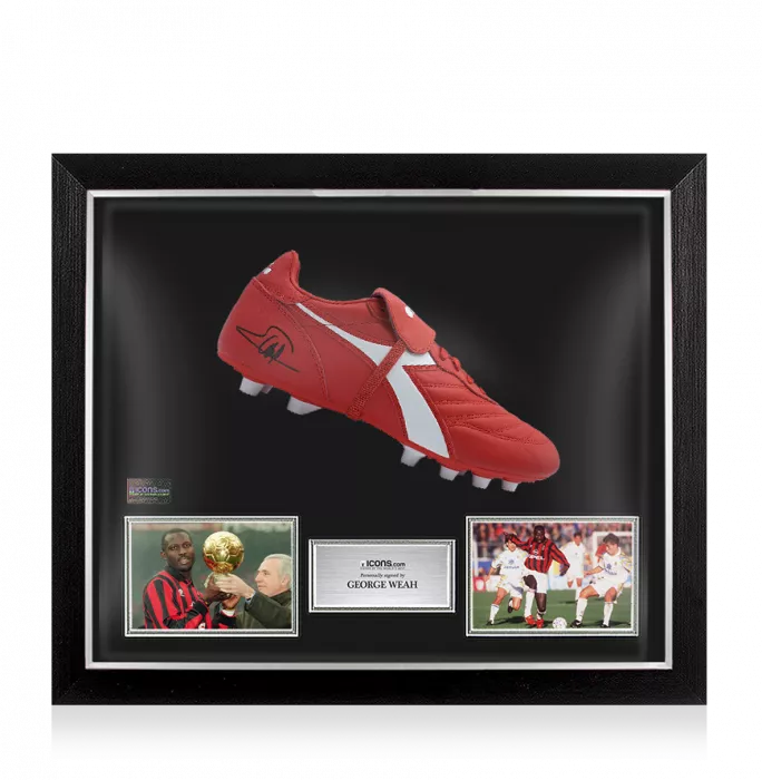 icons George Weah Signed Diadora Brasil Classico Football Boot In Bubble Frame: Option 1